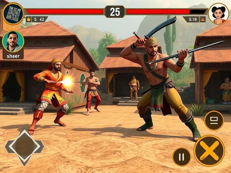 Valiant Haryanvi Champion Game Interface showing combat gameplay in a traditional Haryanvi village setting